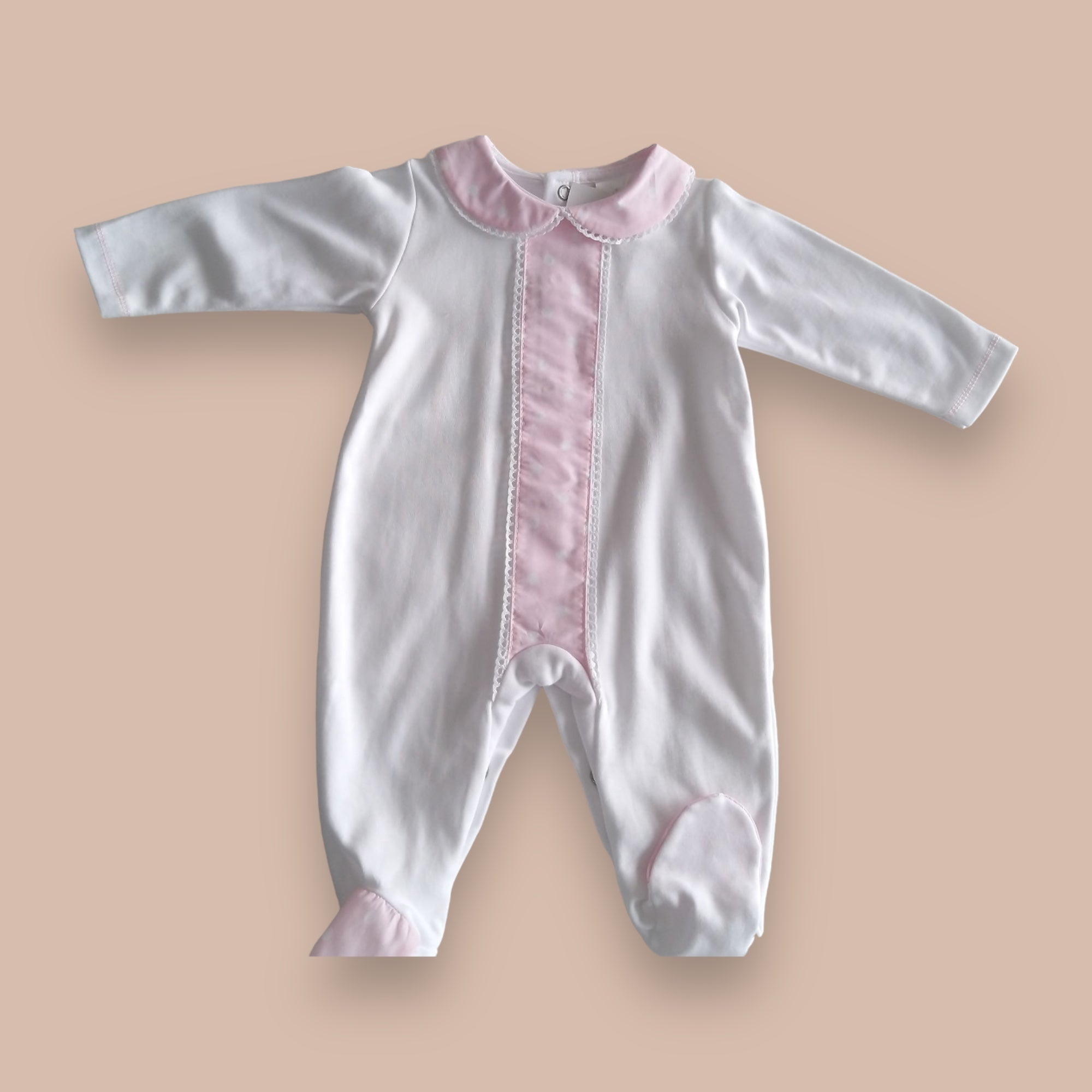 Babygrow branco com lista rosa