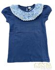 T-shirt azul navy com gola flores