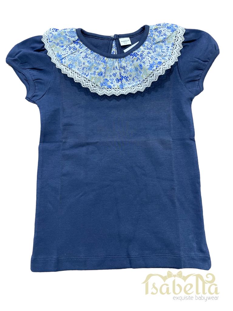 T-shirt azul navy com gola flores